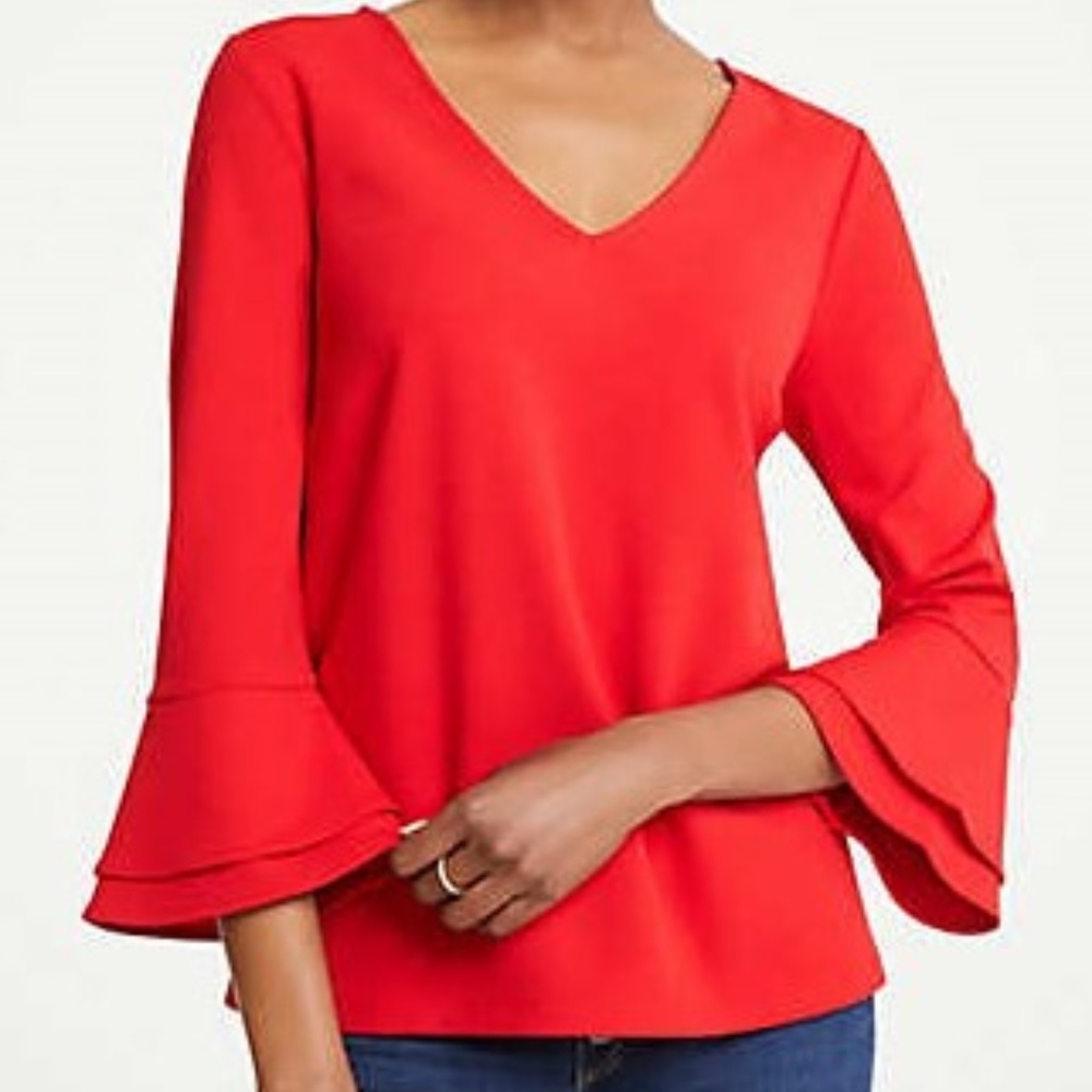 Ann Taylor Bright Red V Neck Flare, Bell Sleeve Top